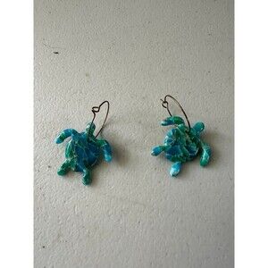 Handmade Tropical Mosaic Blue Sea Green Honu Turtle Ocean Hoop Dangle Earrings